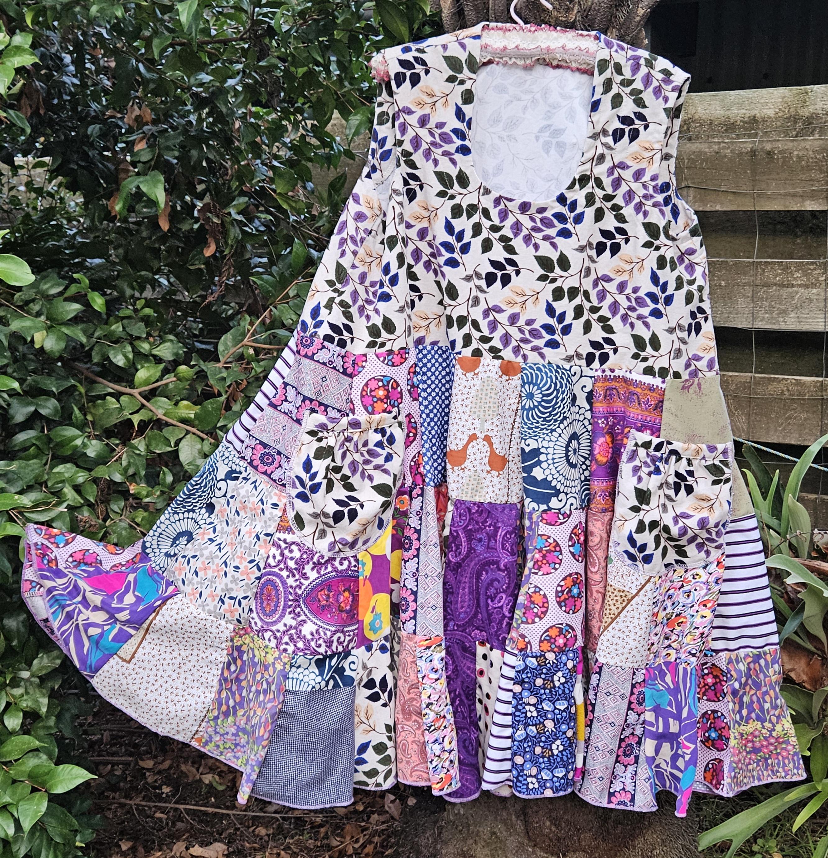 Patchwork dress - bust to 42", upcycled retro fabrics, mid calf length, 4 pockets!