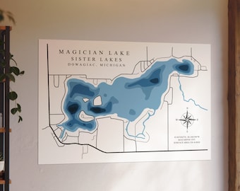 Magician Lake Map Art Print Customizable | Sister Lakes Poster |  Dowagiac Michigan Local Art