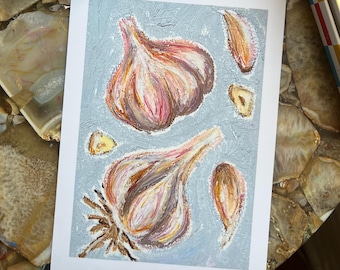Oil Pastel Garlic Art Print | Kitchen & Culinary Wall Art | WitchMxm Viral TikTok Drawing | 5x7 Print