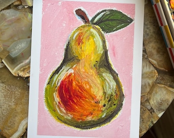 Oil Pastel Pear Art Print | Fruit & Kitchen Wall Art | WitchMxm Viral TikTok Drawing | 5x7 Print