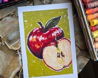 Oil Pastel Apple Art Print | Fruit & Kitchen Wall Art | WitchMxm Viral TikTok Drawing | 5x7 Print