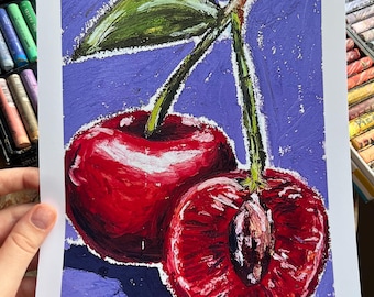 Oil Pastel Cherry Art Print | Fruit Kitchen Wall Art | WitchMxm Viral TikTok Drawing | Botanical Still Life Artwork | 5x7 8x10 Prints