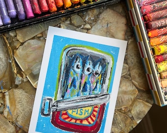 Oil Pastel Tinned Fish Art Print | Kitchen & Nautical Wall Art | WitchMxm Viral TikTok Drawing | 5x7 Print