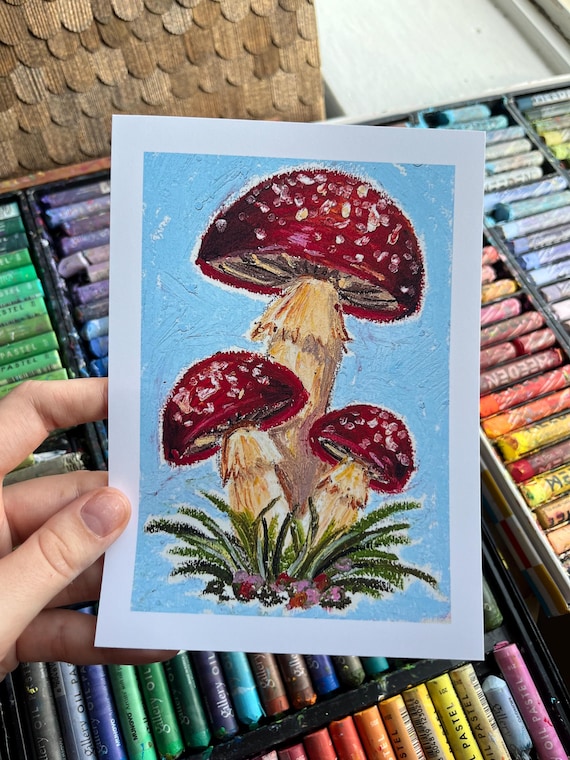 Oil Pastel Red Mushrooms Art Print | Botanical & Kitchen Wall Art