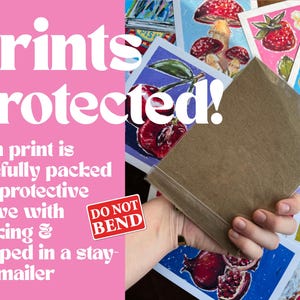 May include: The image shows colorful art prints, including illustrations of fruit and mushrooms. The prints are protected in a clear sleeve and packaged in a stay-flat mailer. Text on the image reads "Prints Protected!" and "Do Not Bend."