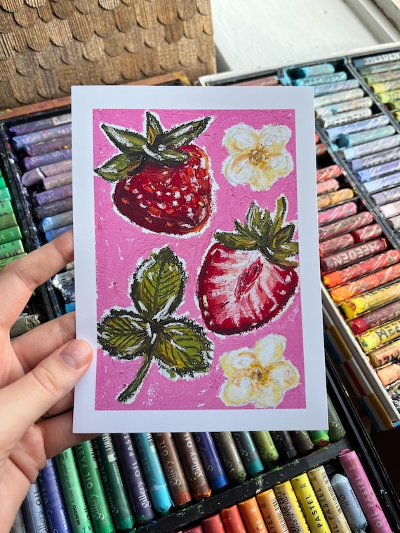 Oil Pastel Strawberry Art Print | Fruit & Kitchen Wall Art | WitchMxm Viral TikTok Drawing | 5x7 Print