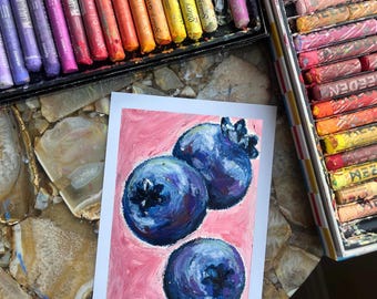 Oil Pastel Blueberries Art Print | Fruit & Kitchen Wall Art | WitchMxm Viral TikTok Drawing | 5x7 Print