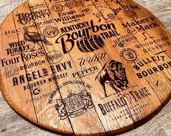 Kentucky Bourbon Trail Distilleries | Whiskey Barrel Head displays Multiple Bourbon Label Brands | Authentic Bourbon Whiskey Barrel Head