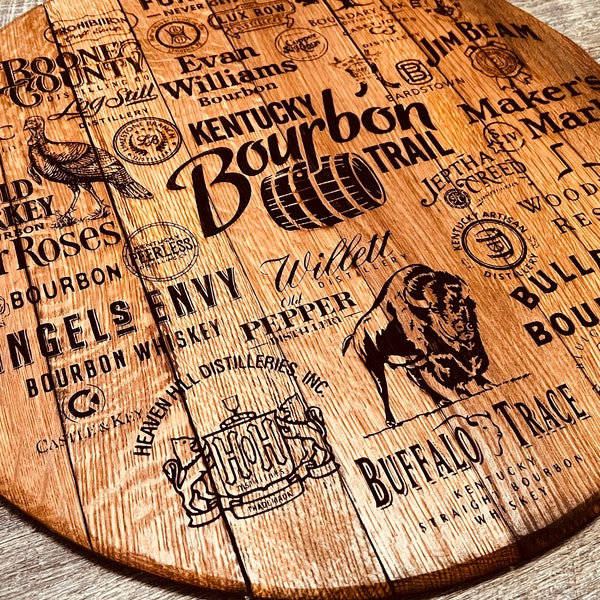 Kentucky Bourbon Trail Distilleries | Whiskey Barrel Head displays Multiple Bourbon Label Brands | Authentic Bourbon Whiskey Barrel Head