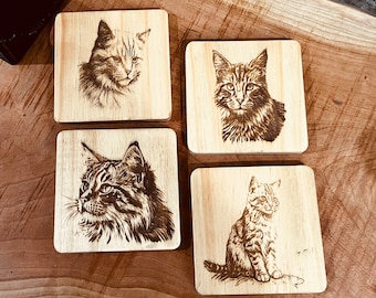 Wooden Cat Coaster Set | Adorable Coasters with Holder | Ideal Gift for Cat Lovers | Cat Wooden Coaster Gift Set | Perfect for Cat Lovers