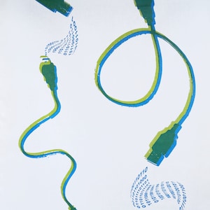 May include: A white background with two green and blue USB cables. The cables are connected to each other and are forming a circle. The cables are surrounded by a series of blue numbers that look like binary code.