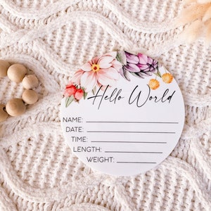 Floral Acrylic Birth Announcement Plaque | Birth Details Plaque | Newborn announcement photo prop |  Baby arrival sign