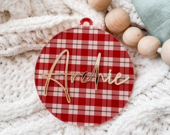 Personalised Plaid Christmas Bauble | Customised Christmas Decoration | Acrylic name Christmas Decoration