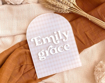 Gingham Birth Announcement Plaque -  Arch Acrylic Baby Name Plaque - Baby arrival - Nursery Decor