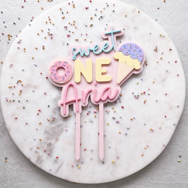 Décoration de gâteau d'anniversaire personnalisée Sweet One | Deux doux thème d'anniversaire | Décoration pour gâteau à la crème glacée | Décoration pour gâteau Donuts
