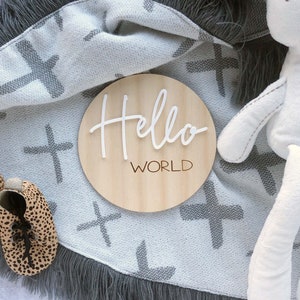 Wooden Hello World Brith Announcement Baby room Decor Baby Accessories image 1
