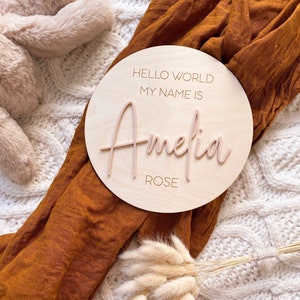 以下が含まれることがあります： 薄い茶色のフォントで「Hello World My Name Is Amelia Rose」と書かれた丸い木製看板。看板は、白いふわふわの縁取りのある茶色の毛布の上に置かれています。