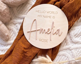 Personalised Wooden Hello World Name Plaque - Newborn announcement Sign - Name plaque for birth announcement - Timber Hello World Sign