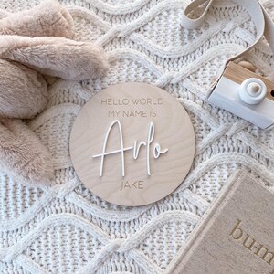 May include: A circular wooden plaque featuring the engraved text HELLO WORLD MY NAME IS and JAKE, with the white 3D script name Arlo centered on the surface. The plaque is positioned among a plush beige toy, a wooden camera, and a book.
