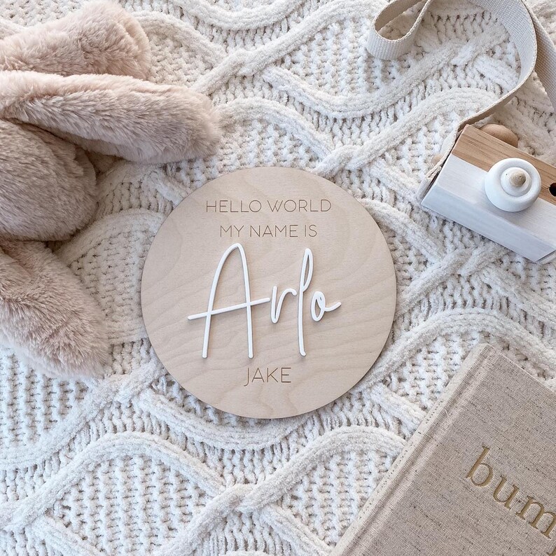 May include: A circular wooden plaque featuring the engraved text HELLO WORLD MY NAME IS and JAKE, with the white 3D script name Arlo centered on the surface. The plaque is positioned among a plush beige toy, a wooden camera, and a book.