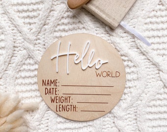 Wooden Hello World Brith Announcement - Baby room Decor - Baby Accessories - Birth Announcement Plaque - Baby Photo props