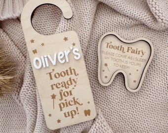 Personalized Tooth Fairy Door Hanger Plaque Set: Acrylic & Birch Keepsake