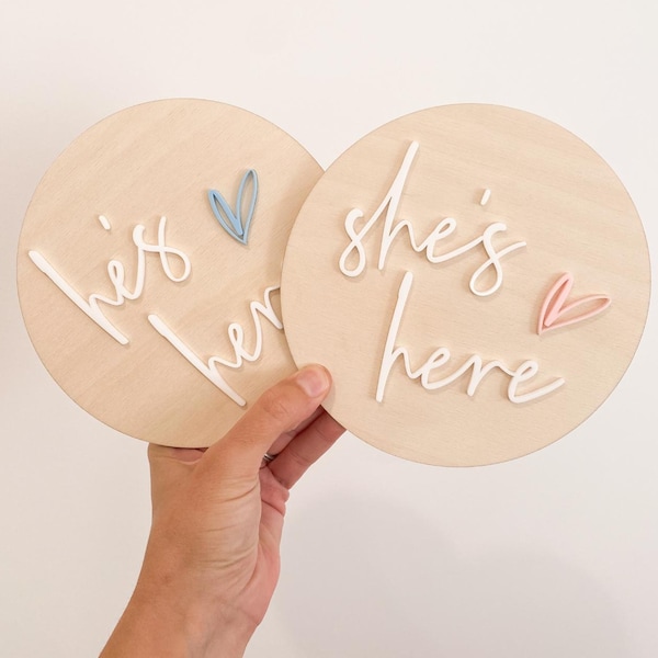 Personalized Gender Announcement Plaque,  he's here, She's Here, We're here with love heart