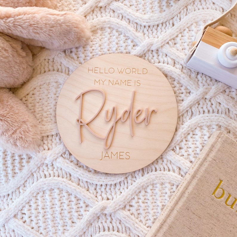 May include: A circular wooden plaque featuring the engraved text HELLO WORLD MY NAME IS and JAMES, with the name Ryder in raised, script-style lettering centered on the surface. The plaque has a light wood grain finish and smooth edges.
