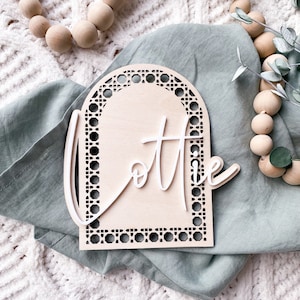 Wooden Rattan Name Plaque| Baby Arrival Plaque | Birth Announcement Plaque | New Baby Gift | Nursery Decor | Wooden Birth Plaque