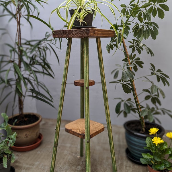 Light Green Wooden Plant Stand Handmade Display Table Wood Side Stand Interior Garden Stool Green End Table - Large