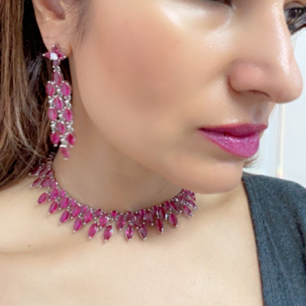 Ruby necklace set. Fusia earrings and neckpiece- hot pink necklace set