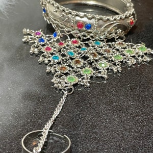 Crystal Hand Chain Bracelet: Antique Silver Bangle Ring