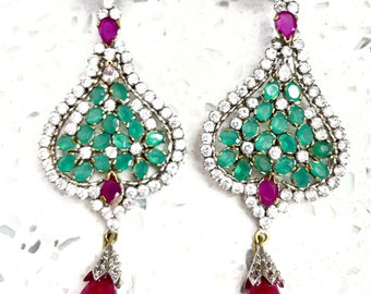 Ruby Zircon Chandelier Earrings: Pink & Green Long Earrings