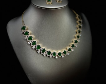 Emerald Green Zirconia Necklace and Earrings: Gold Wedding Set