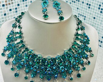 Aqua Blue Swarovski Crystal Necklace and Earrings Set: Wedding Jewelry
