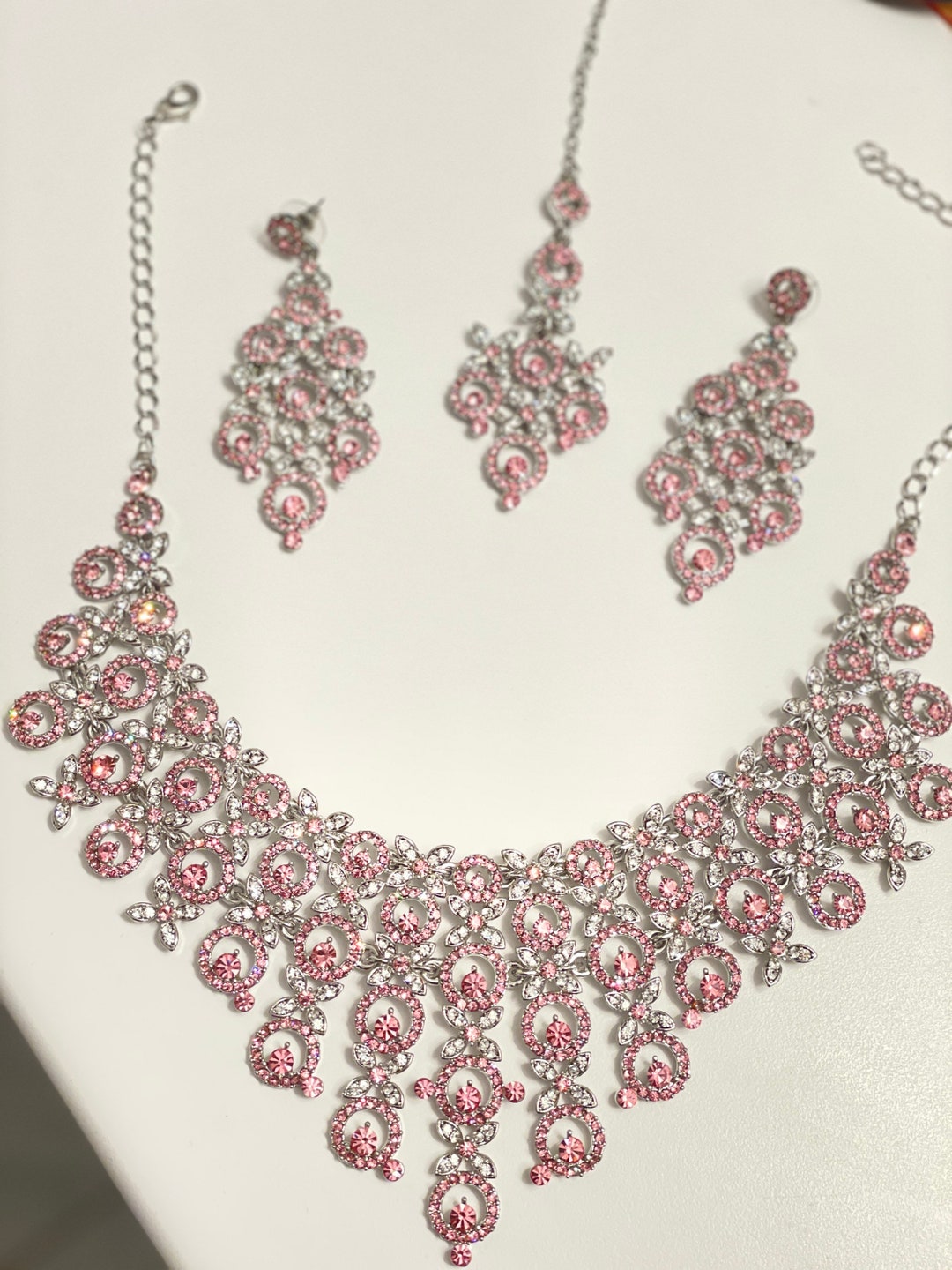 Pink Costume Jewellery Wedding Set, Bollywood Wedding Set, Complete Tikka Set, Pink Costume