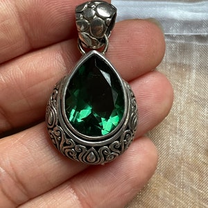 Sterling Silver Pendant: Green Stone, Ornate Design