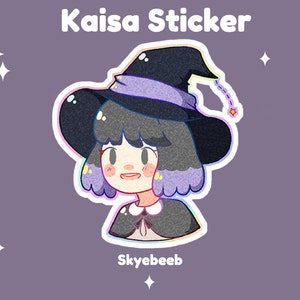 May include: A die-cut sticker featuring a cartoon character with short purple-tipped hair wearing a black witch hat with a lavender band and a black cape. The text Kaisa Sticker and Skyebeeb are printed in white against a muted purple background.