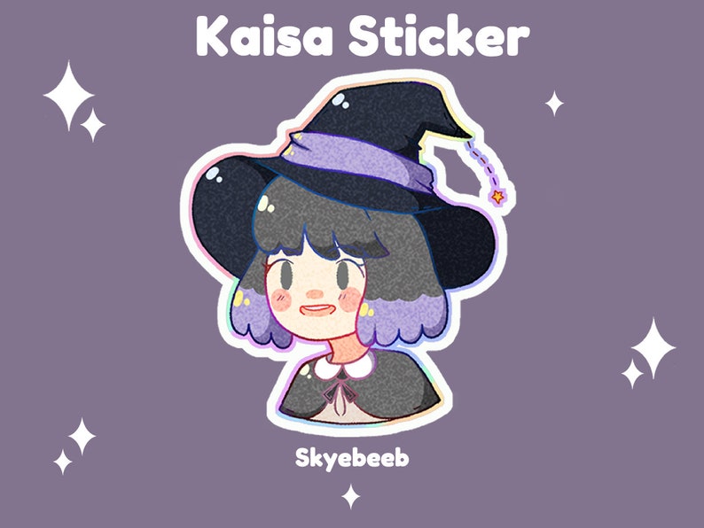 May include: A die-cut sticker featuring a cartoon character with short purple-tipped hair wearing a black witch hat with a lavender band and a black cape. The text Kaisa Sticker and Skyebeeb are printed in white against a muted purple background.