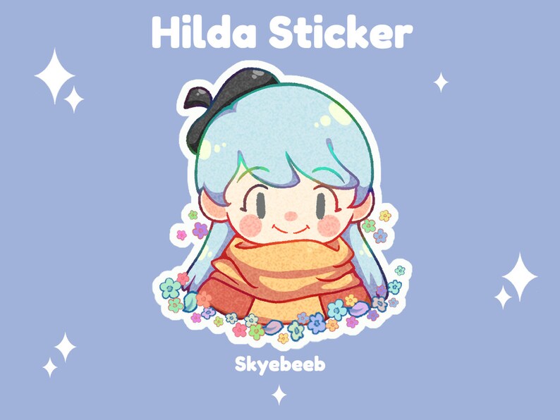 May include: A die-cut sticker featuring a cartoon character with light blue hair, a black beret, and a yellow scarf, surrounded by small colorful flowers. The text Hilda Sticker and Skyebeeb is printed in white against a light blue background.