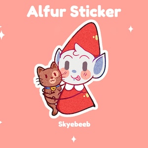 May include: A sticker featuring a white creature with large ears wearing a red pointed hat and cape, holding a small brown cat with a blue collar. The text Alfur Sticker and Skyebeeb are printed in white against a light pink background with stars.