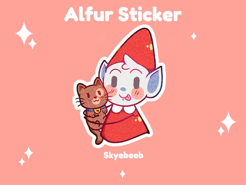 May include: A sticker featuring a white creature with large ears wearing a red pointed hat and cape, holding a small brown cat with a blue collar. The text Alfur Sticker and Skyebeeb are printed in white against a light pink background with stars.