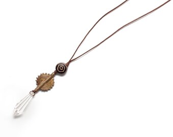 Slip knot necklace ethic male or female with evil eye and African metal bead and crystal glass One of a Kind