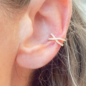 Criss Cross Ear Cuff with Cubic Zirconia in Sterling Silver or Gold Vermeil