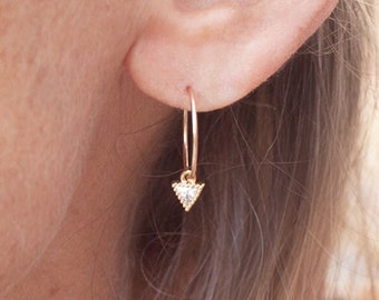 Triangle Hoop Earring Cubic Zirconia Sterling Silver or Gold Filled