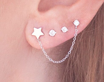 Double Earring Post Star and Cubic Zirconia CZ in Sterling Silver