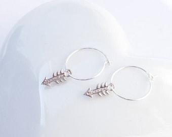 Diamond Arrow Hoop Earrings in Sterling Silver Archery Gift Idea Diamond in Pave Setting