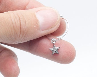 Pave Diamond Star Hoop Earrings Silver