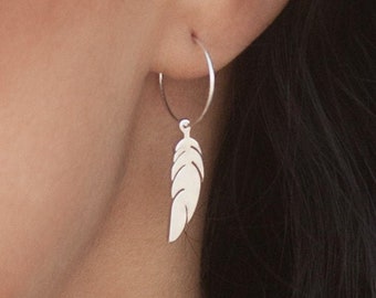 Feather Hoop Earrings Sterling Silver