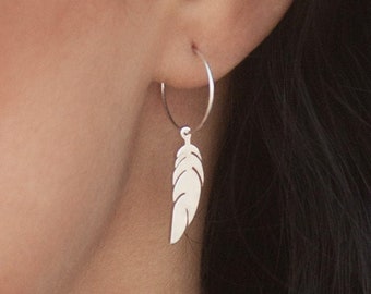 Feather Hoop Earrings Sterling Silver